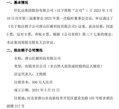 仟億達擬注銷子公司唐山匠碳科技，優化銷售代理布局